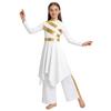 Girls Liturgical Dance Costume: Long Sleeve Mock Neck Metallic Patchwork Dress with Asymmetrical Hem & Wide-Leg Pants