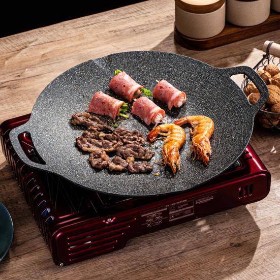 Yousheng Korean BBQ Grill Pan Non-stick Round Baking Pan for Indoor Cooking Barbecue Tray with Handles Cast Iron Frying Pan for Home Camping