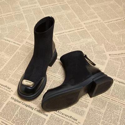 Модные ботинки на толстой подошве для женщин 2024 осень и зима новые небольшое увеличение эластичные ботинки в обтяжку