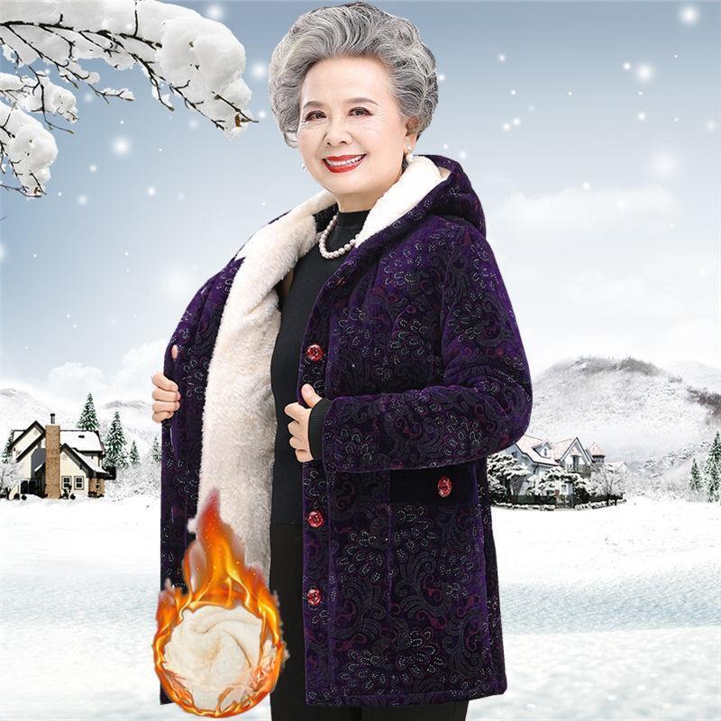 Women Winter Jackets  Middle-Aged Elderly Grandma Cotton Padded Parkas Thicken Warm Hooded Gold Velvet Outewear Female 5XL