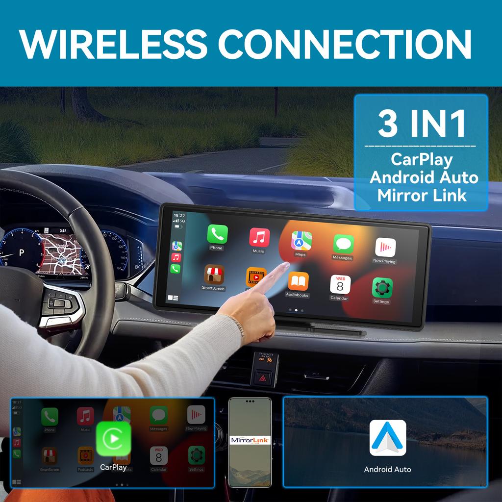 Portable Car Screen High Definition 10Inch Wireless Carplay Android Auto Touch Display with AR Audio and GPS Navigation System