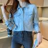 Spring and Autumn Women's Denim Shirt POLO Collar Long Sleeve Slim Fashion Denim Tops