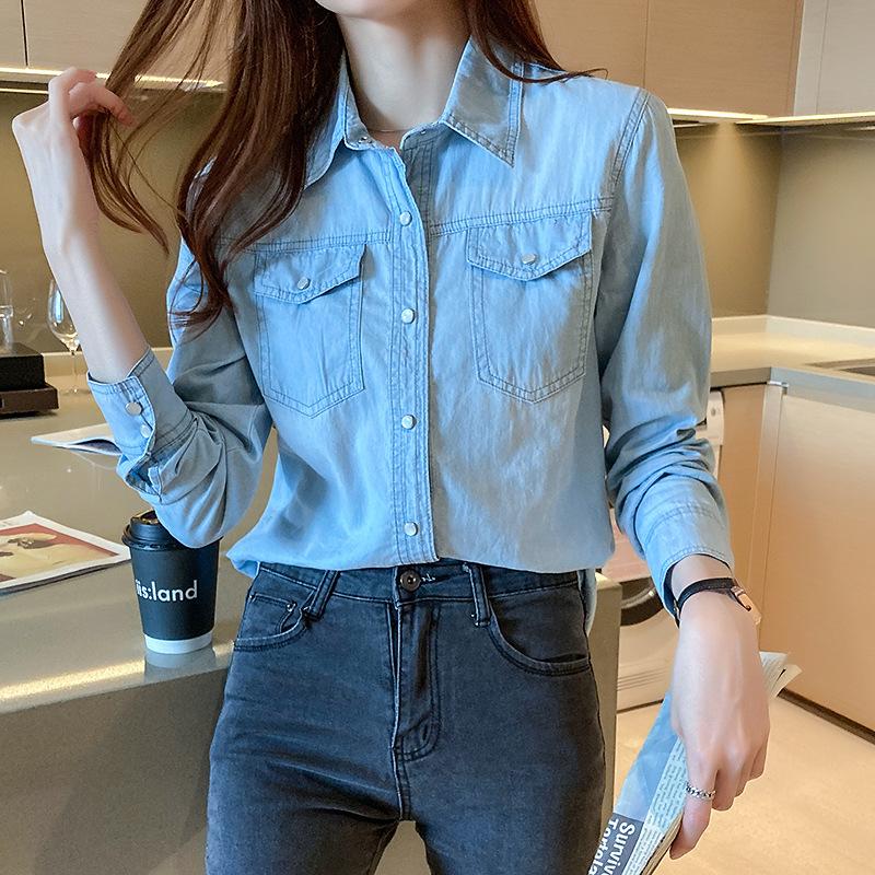 Spring and Autumn Women's Denim Shirt POLO Collar Long Sleeve Slim Fashion Denim Tops
