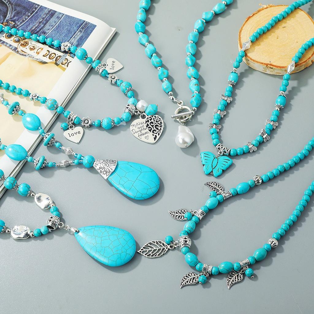 Necklace for Women Natural Turquoise Beaded Jewelry Niche Design Sense Double Teardrop Pendant Turquoise Necklace Beautiful Elegant Necklace for Her