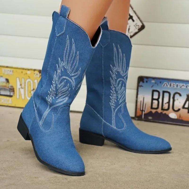 Women Fashion Slip On Knight Boots Ladies Autumn Winter Thick Sole Knight Shoes Pointed Toe Square Heel Embroidered Cowboy Boots