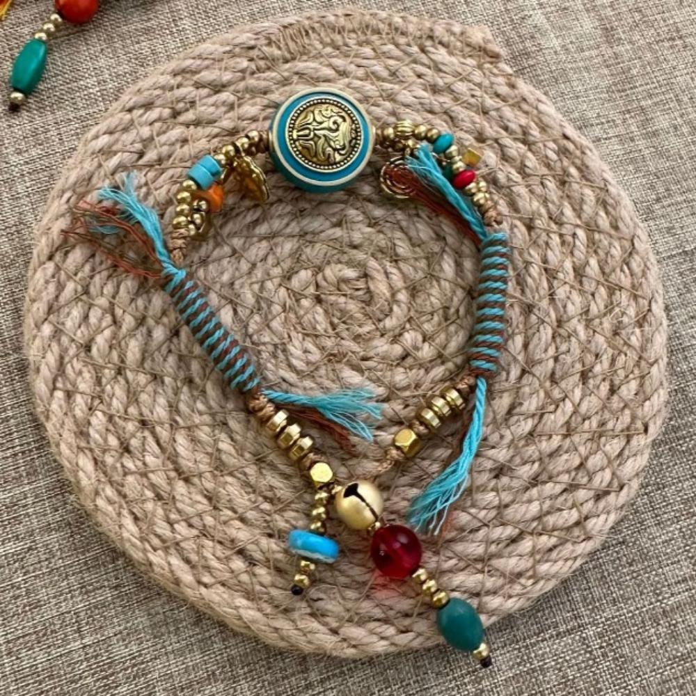 Регулируемый плетеный браслет из вощеного шнура с медными бусинами, плетеный браслет в древнем стиле, этнический браслет для девочек
