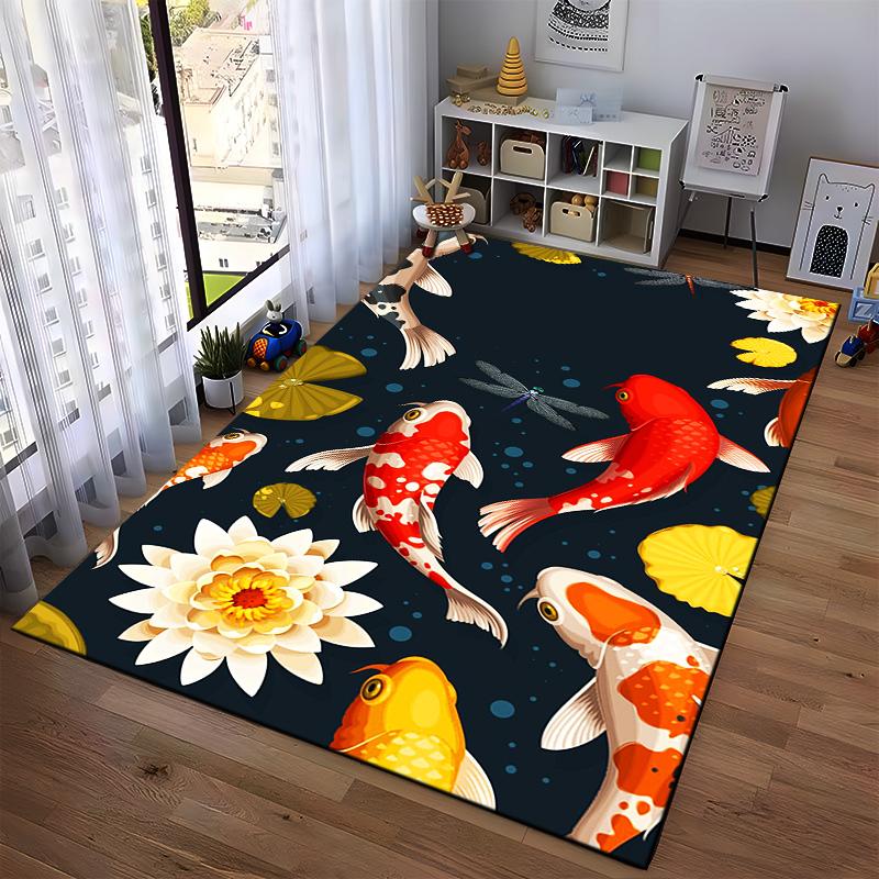 Colorful Koi Fish and Lotus Flower Print Carpet for Living Room Decor Suitable for use as an anti-slip for living room bedroom sofas