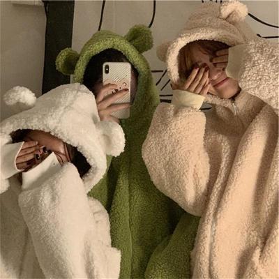 Милая толстовка с капюшоном и ушками плюшевого мишки в виде ягненка для женщин на осень и зиму, с толстым флисовым кардиганом и курткой на молнии для студентов