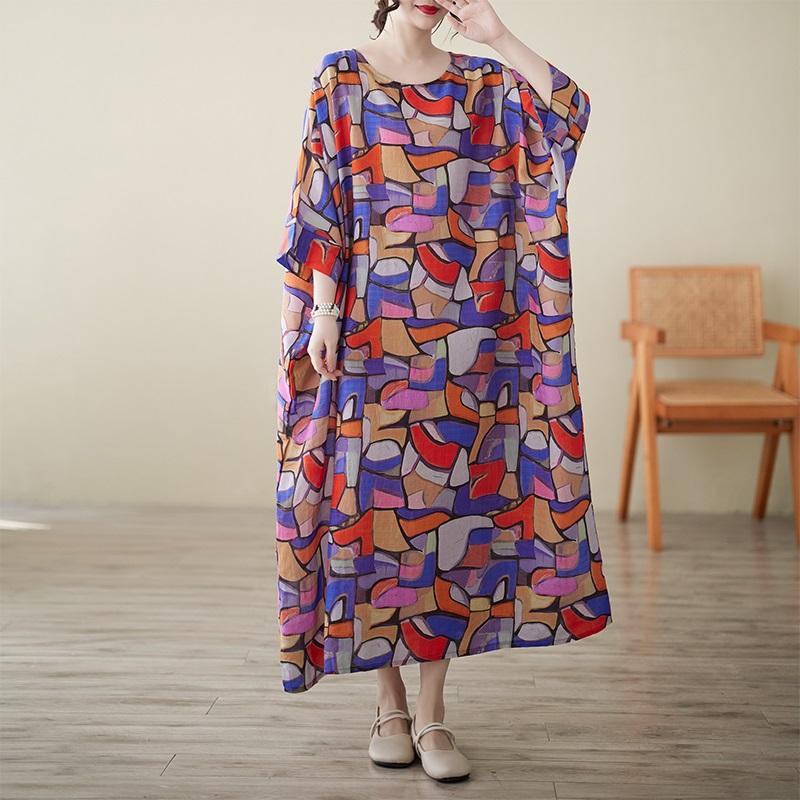 Short Sleeve Plus Size Cotton Linen Vintage Floral New In Dresses for Women Casual Loose Long Summer Dress