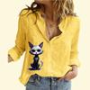 Women Fashion Buttoned Shirt Casual Thin Long Sleeve Top Ladies Cotton Linen Cat Print Shirt