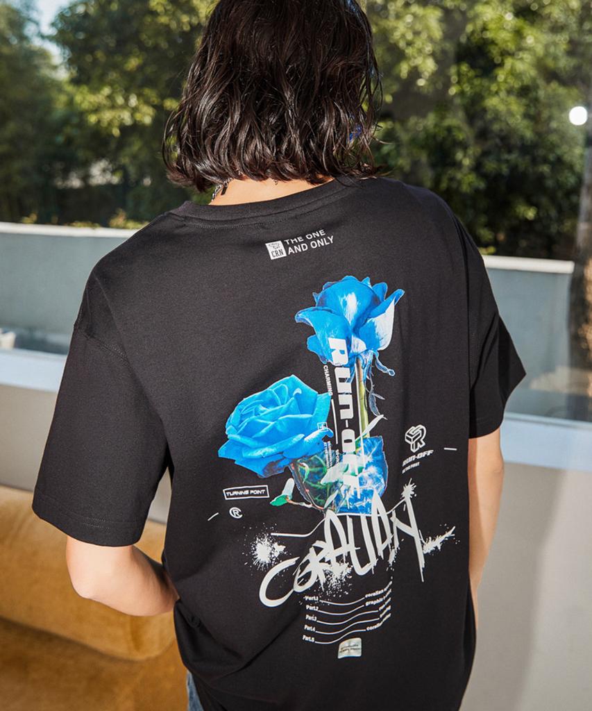 CORALIAN Runoff Blue Rose Mesh Cotton Short Sleeve T-Shirt Black