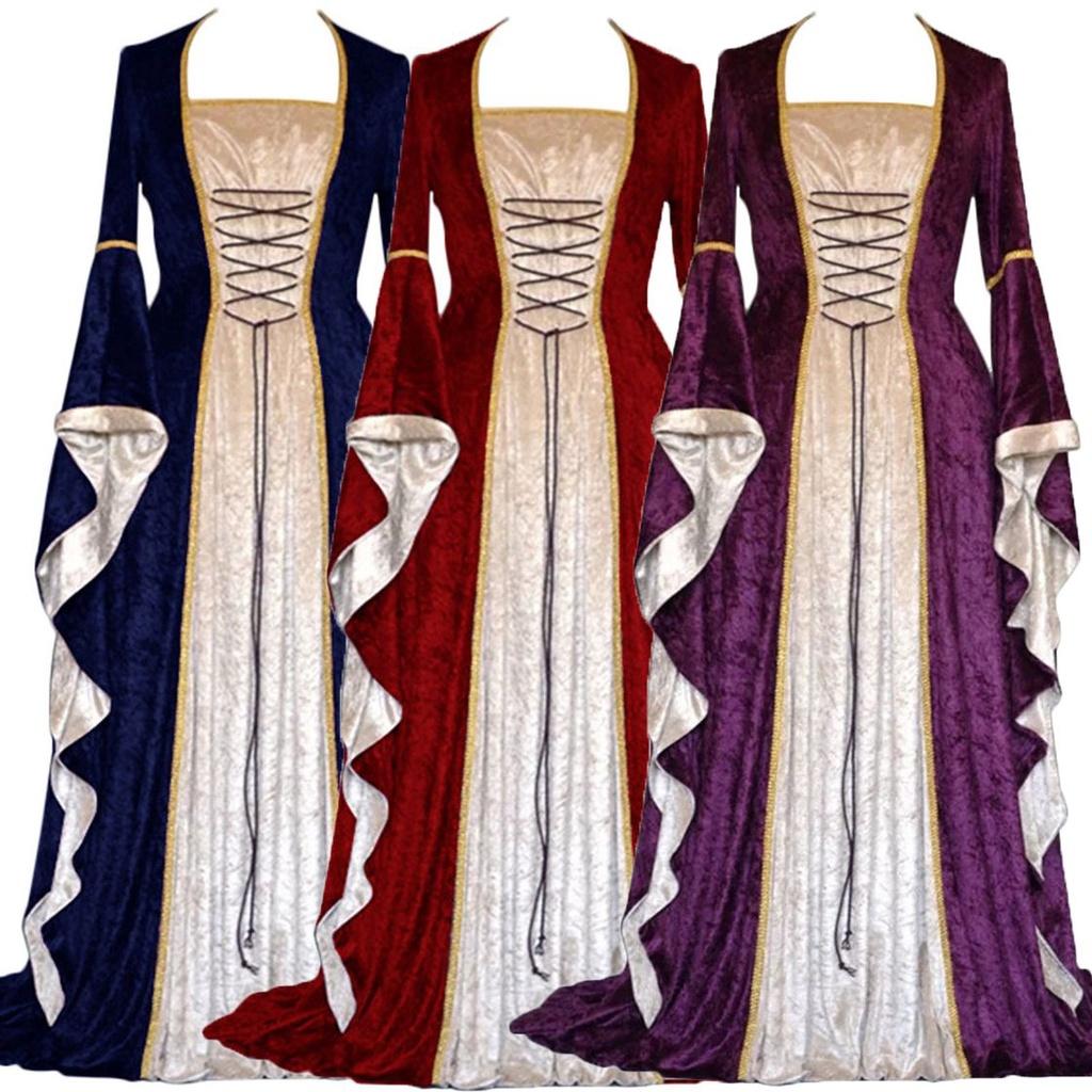 Изысканное платье в стиле Ренессанс с длинным рукавом и длиной до пола, украшенное лентами для косплея