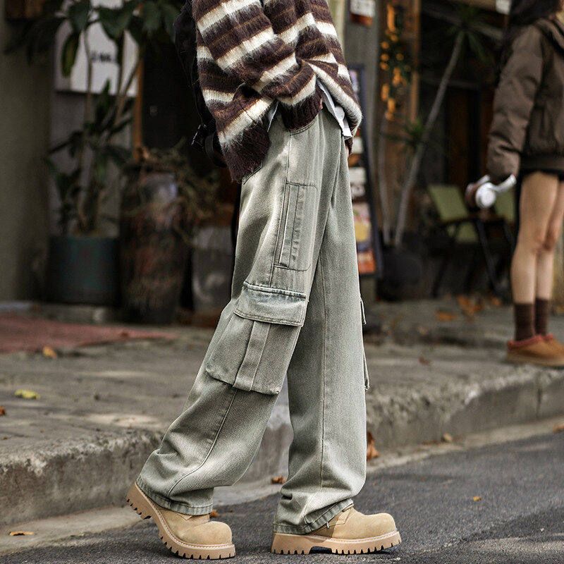 Fornines Men's Vintage Casual Workwear Jeans, Hong Kong Style, Fourth Ninety Day Men's Wide-Leg Pants