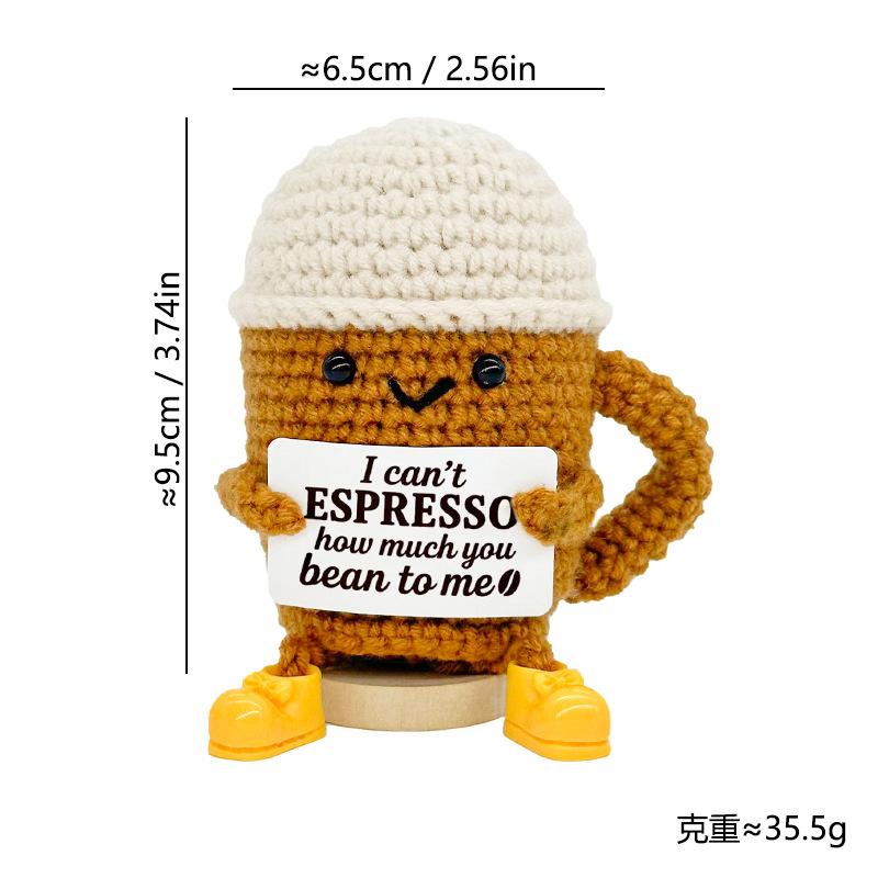 Funny Crochet Positive Energy Coffee Doll with Card Home Room Decoration Handmade Knitted Coffee Desk Ornament Christmas Gifts