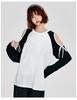 Design sense contrasting color splicing off shoulder top for women's spring loose bow lazy style T-shirt