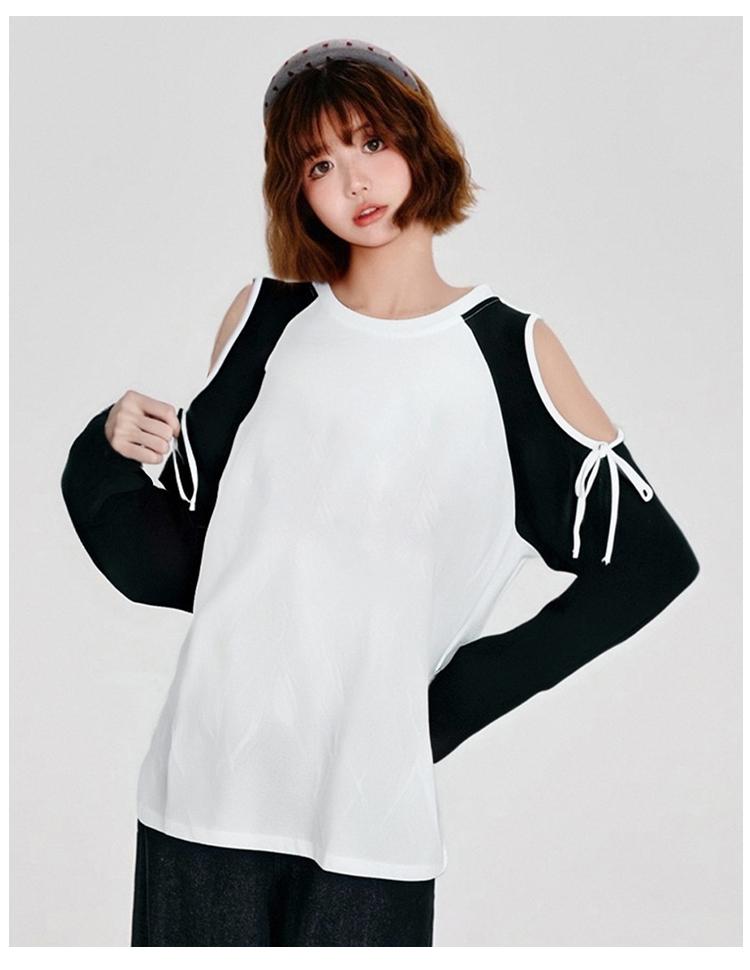 Design sense contrasting color splicing off shoulder top for women's spring loose bow lazy style T-shirt
