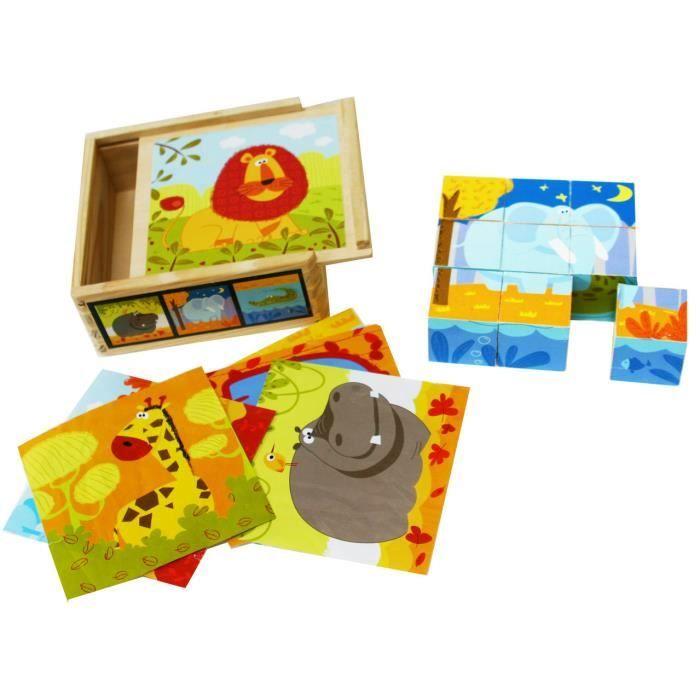 Blocs en bois pour Puzzles - 9 cubes en bois représentant la faune sauvage - Livré dans une boîte en bois