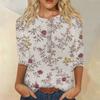 Women's Fashion Casual 3/4 Sleeve Floral Button Printed Round Neck Pullover Top Casual Clothing