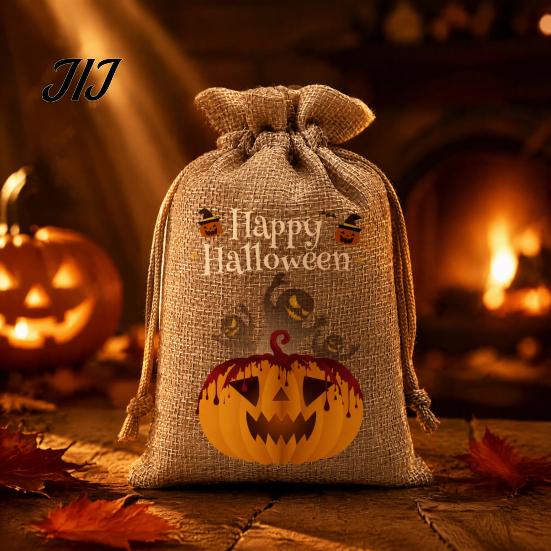 Lightweight Candy Carriers 2Pcs Halloween Pumpkin Drawstring Bags for Treats, Retro Burlap Kids Trick or Treat Bags, Portable Goodie Small Storage