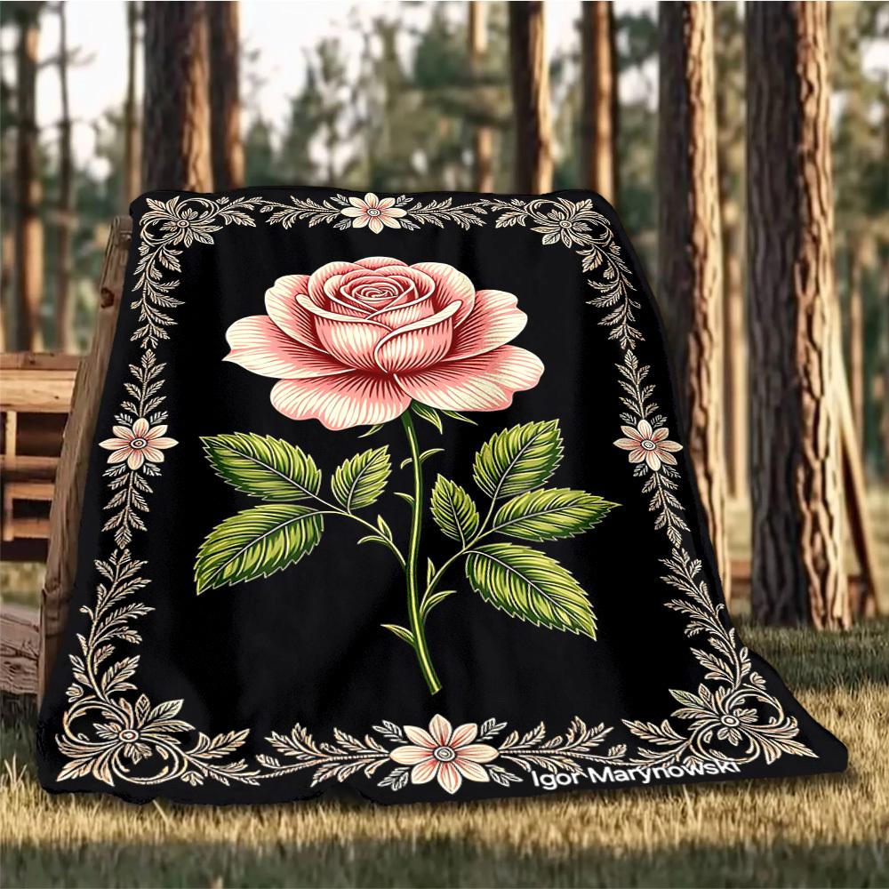 1pc Rose , Floral Outdoor Flannel Blanket Soft All Season Polyester Throw , Perfect for Picnics & Travel , Picnic Accessory