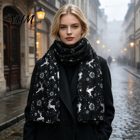 Elegant Hot Stamping Scarf Christmas Theme for Women, Glitter Sparkly Foil Reindeer Soft Polyester Neck Print Scarves, Lightweight Shawl Wrap