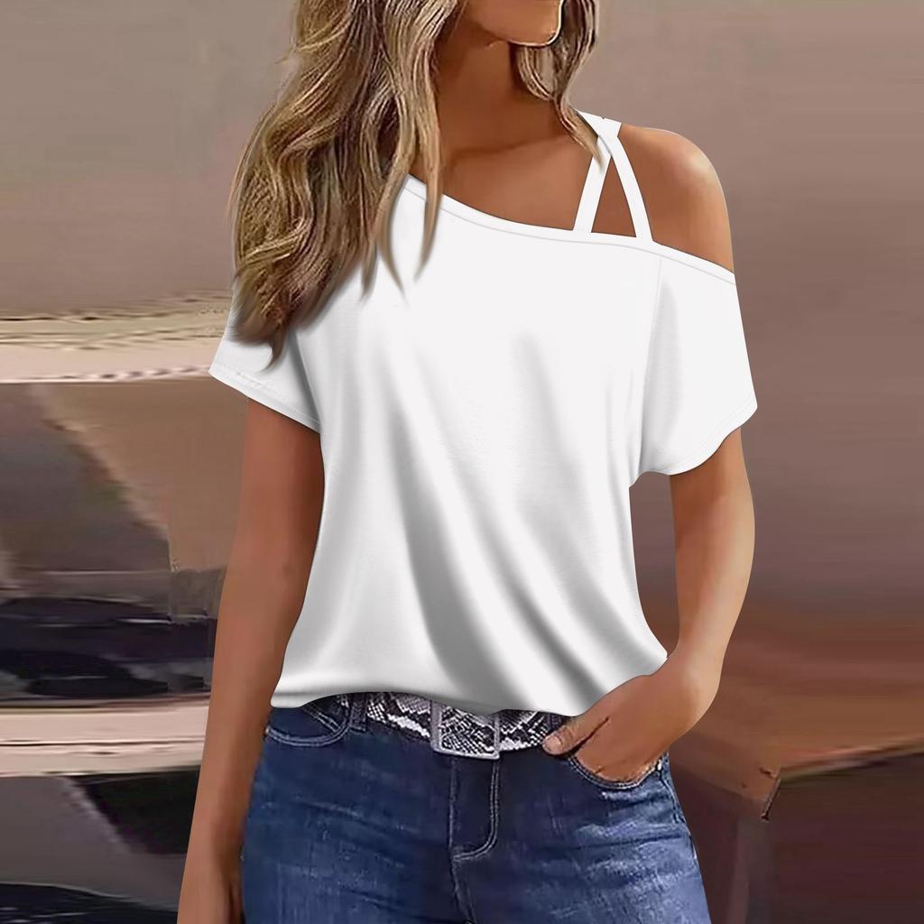 Women's Fashion Casual Print Sexy Cold Shoulder Short Sleeve T-shirt Top