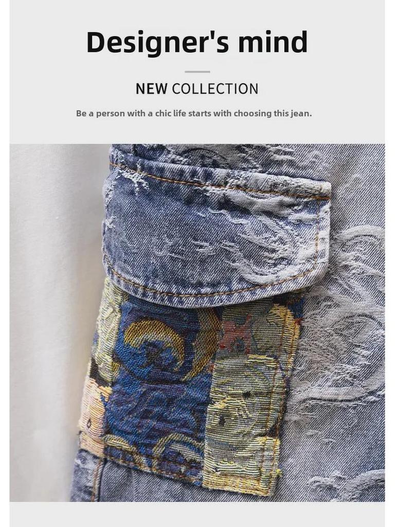 2024 Мужские модные свободные прямые джинсовые шорты: Молодежные бриджи средней длины