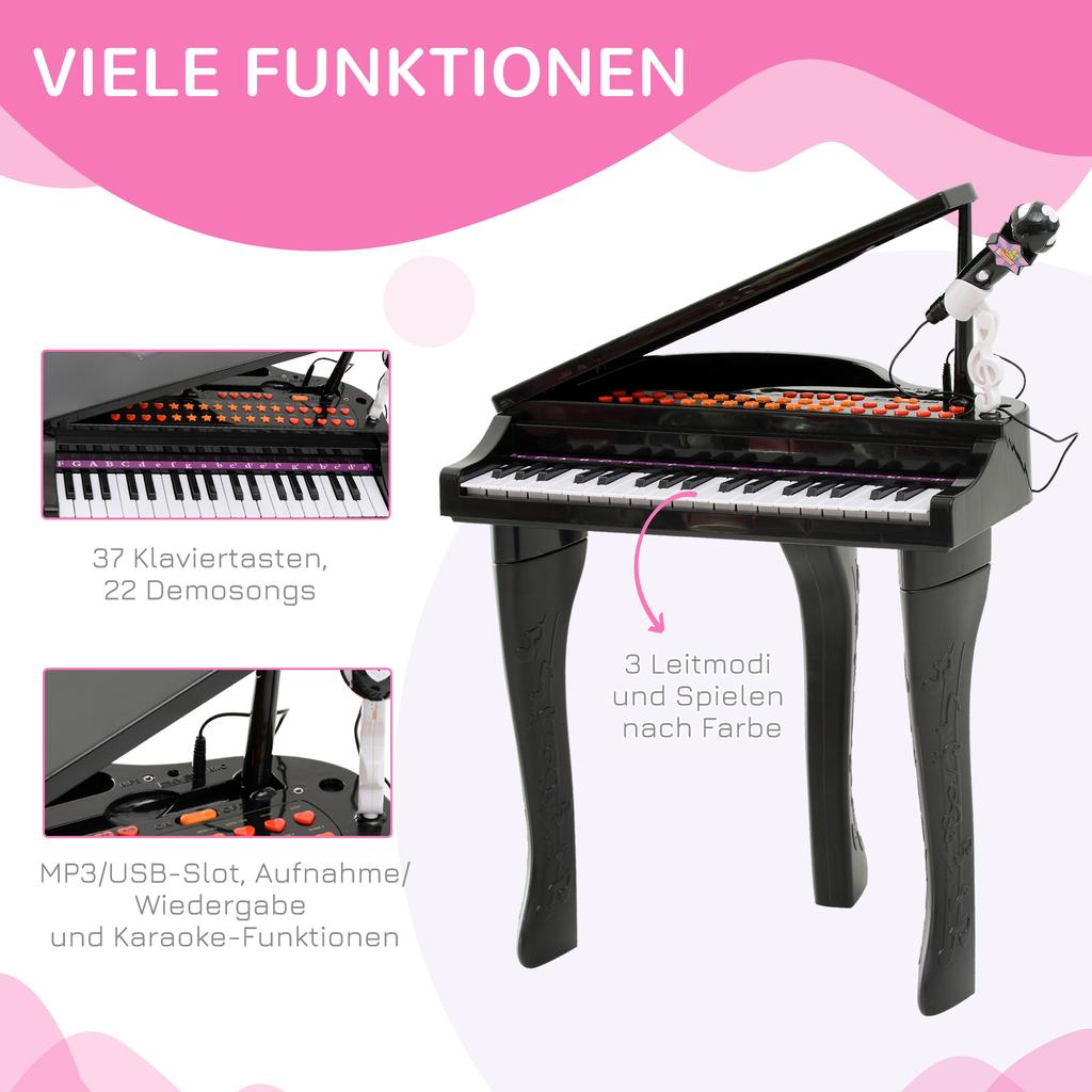 Keyboard for Kids with 37 Keys, Stool Piano with Microphone, LED Teaching Mode, Recording, Piano Musical Instrument for Children 3-6 Years Black