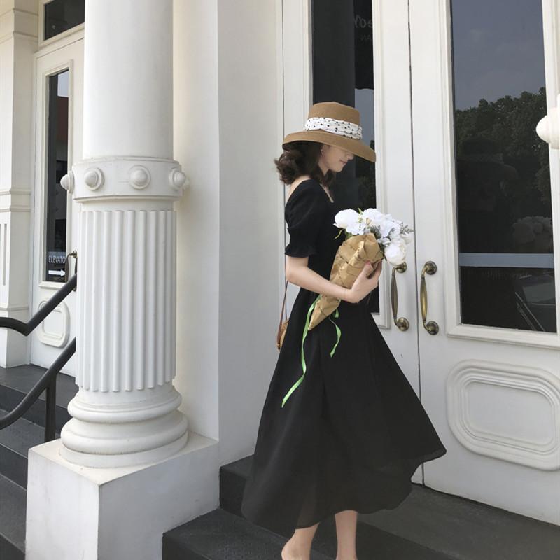 Women's Dress Summer New Solid Tone Waist Wrap Style Square Neck Dress