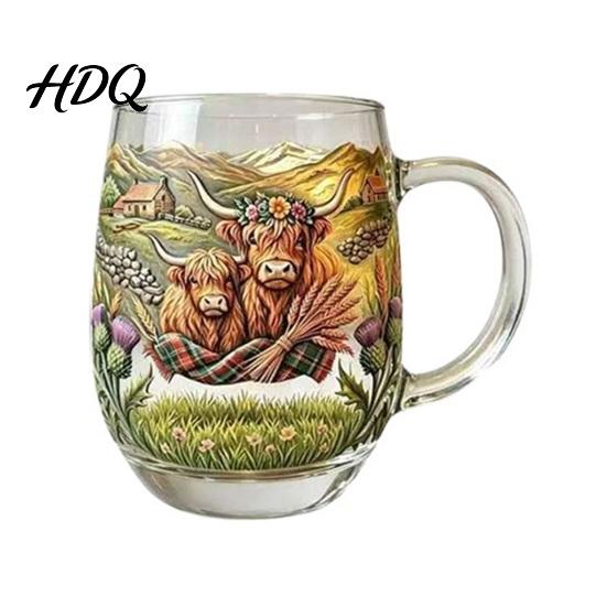 Durable Glass Drinkware 350ML Hand-painted Highland Cow Glass Cattle Coffee Mug Decorative Wine Glasses with Handle Heat-Resistant Tea Milk