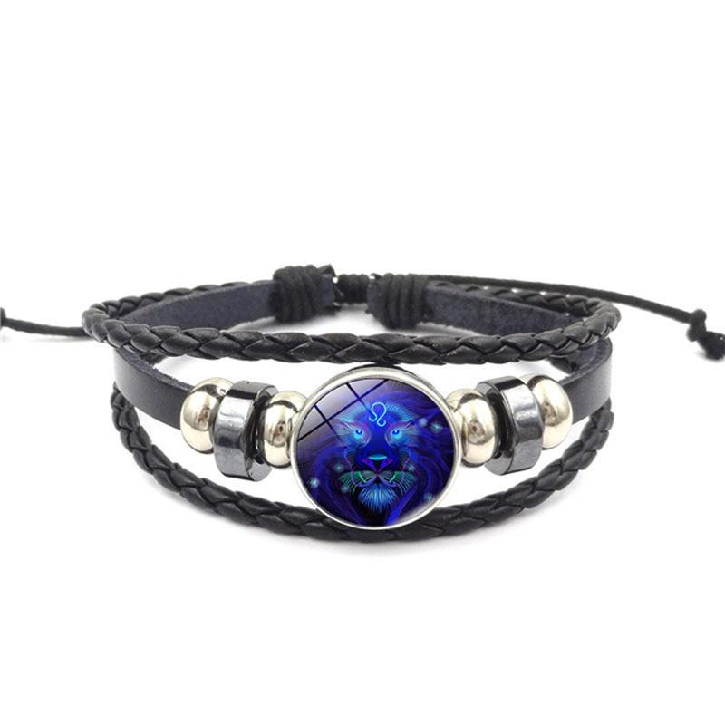 Unisex Snap Bracelet Weaving Fashion 12 Constellation Bead Leather Charm Couple Bangles Gifts