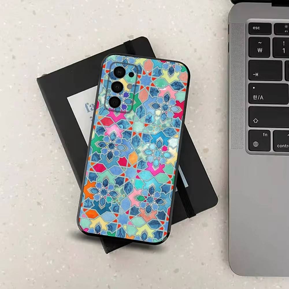 M-Moroccan Tile For Samsung Galaxy A73,31,71,53,32,72,Note,22,41,8,9,52,J7,Soft Black Silicone Cover Case