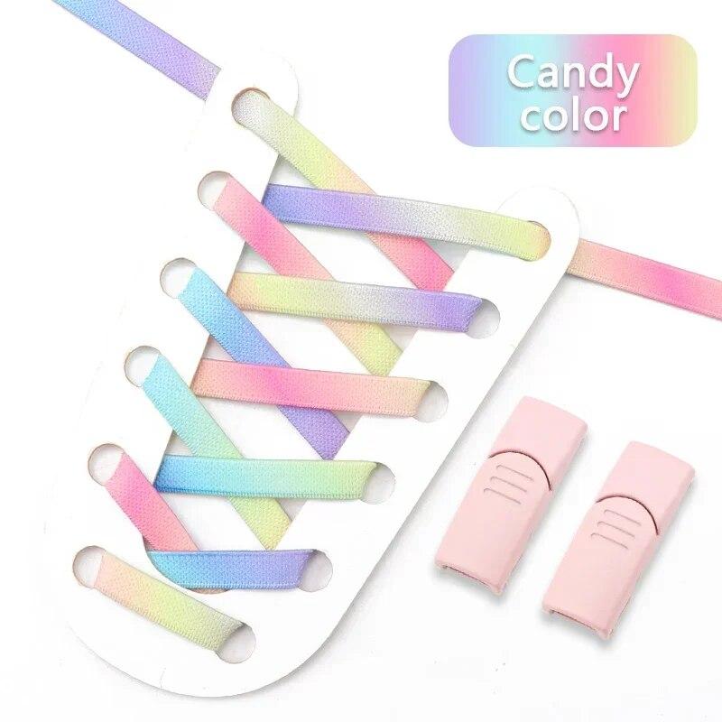 1Pair 8MM Wide Flat Rainbow Shoelaces Elastic Laces Sneakers Magnetic Lock No Tie Shoe Laces Adults Kids Rubber Bands for Shoes