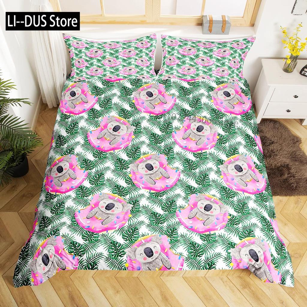 Kawaii Koala Bedding Set Full Size For Kids Boys GirlsCartoon Animal Comforter Set Quilt Duvet Green Leaves Bedroom Decor 3pcs