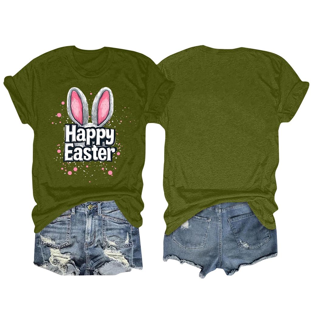 Happy Easter Women's Fashion Printed Round Neck Short Sleeve T-Shirt Pullover Top