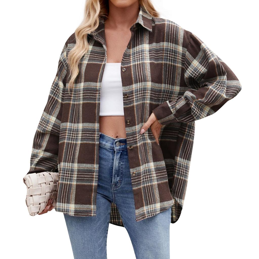 Женская модная широкая клетчатая куртка-рубашка на пуговицах с длинными рукавами