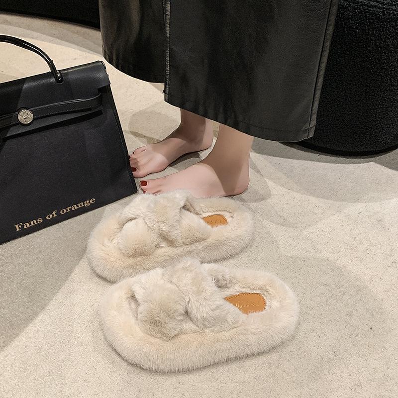 Популярные в интернете женские осенне-зимние новые хлопковые тапочки с открытым носком и пушистой отделкой, на толстой подошве, нескользящие, с перекрещенными ремешками