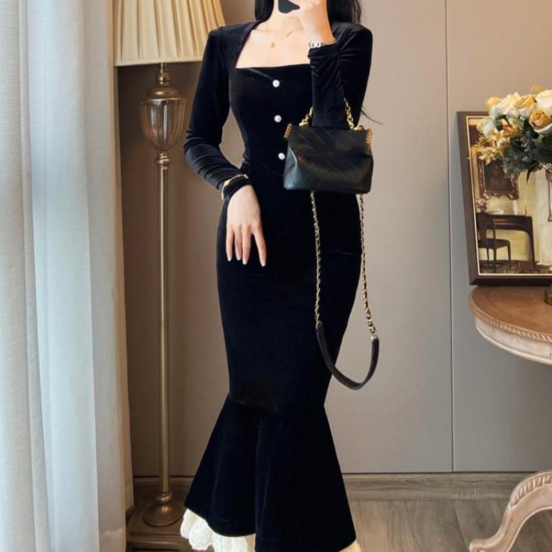 Винтажные облегающие бархатные вечерние платья русалки женские элегантные кружевные лоскутные вечерние платья для выпускного вечера женская осенне-зимняя одежда