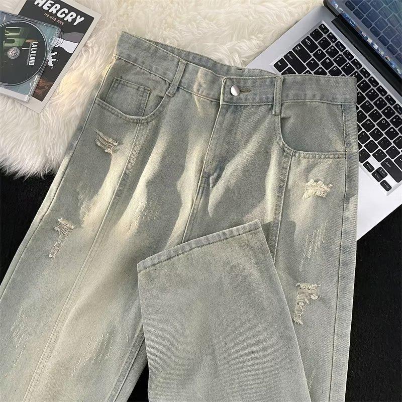 Mens Relaxed Fit Straight Leg Denim Jeans With Distressed Wash Mud Dye Effect Mid Rise Casual Pants