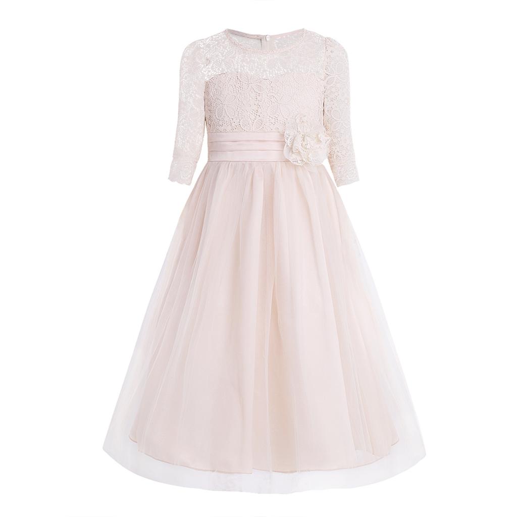 Girl Floral Lace Flower Dress Half Sleeved First Communion Wedding Bridesmaid Party Prom Gown