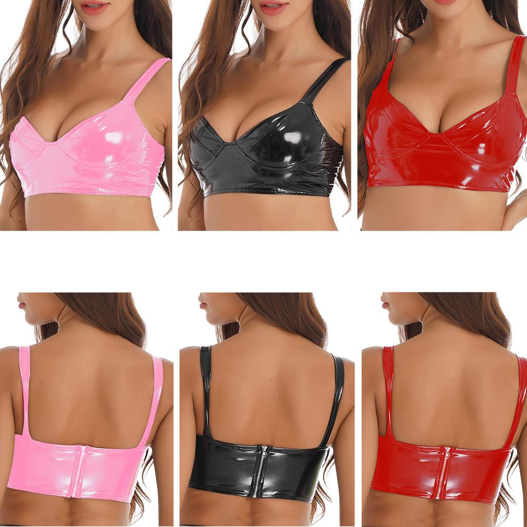 Womens Ladies Rave Crop Tops Latex Wetlook Patent Leather Bra Tops Wide Shoulder Straps Party Tank Top Clubwear