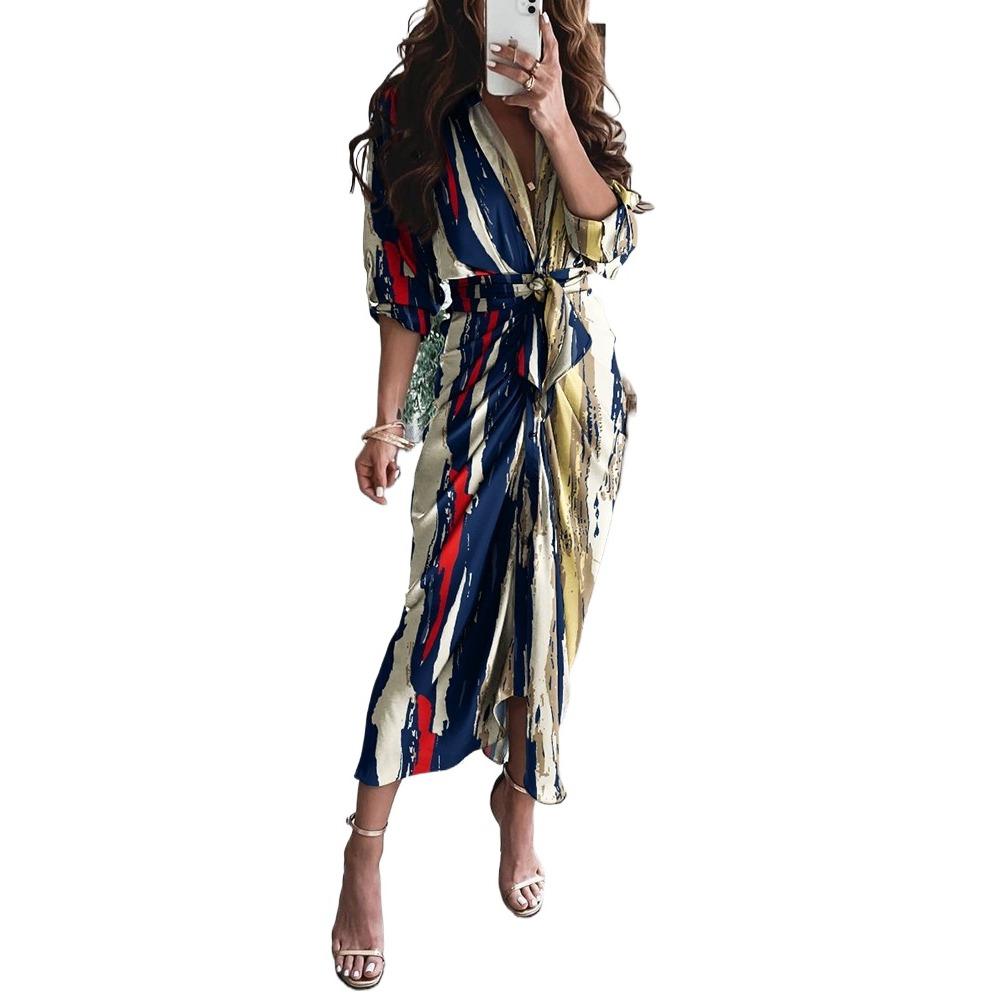 BITCED Женские летние платья с длинным рукавом и v-образным вырезом и пуговицами, длинные платья