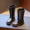 Girls Long Boots Black PU Leather Kids High Boots 2024 Autumn Winter Fashion Warm Fur Children Motorcycle Boots Simple Classic