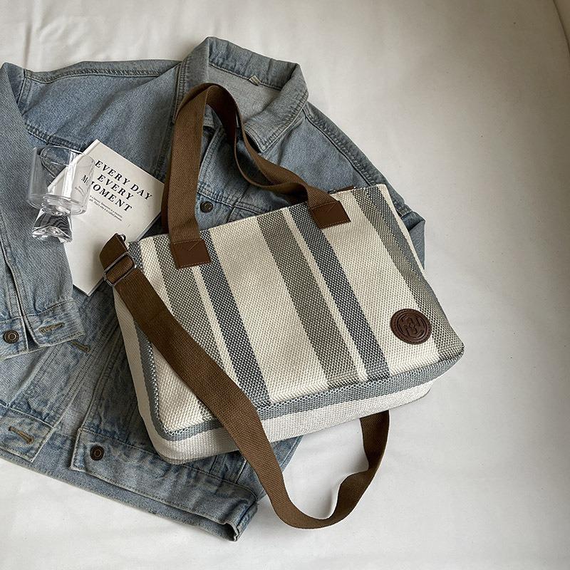 Canvas Bag Striped Tote Bag New Women's Bag Sweet Contrasting Color Handbag Crossbody Bag Large Capacity