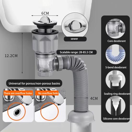 Bathroom Sink Drain Kit with Flexible Expandable P-Trap Leak-Proof Odor Prevention Easy Installation