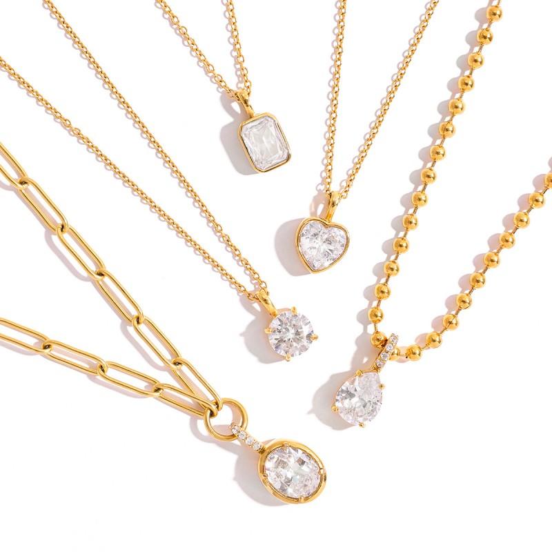 Stainless Steel Pendant Necklace Women Geometric Single Zircon Minimalist Luxury Titanium Chain 41-50cm