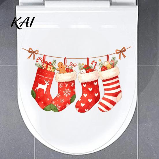 Holiday Home Interior Decorations Christmas Stocking Toilet Stickers, Waterproof PVC Bathroom Decals for Decorative Decoration, Red Watercolor