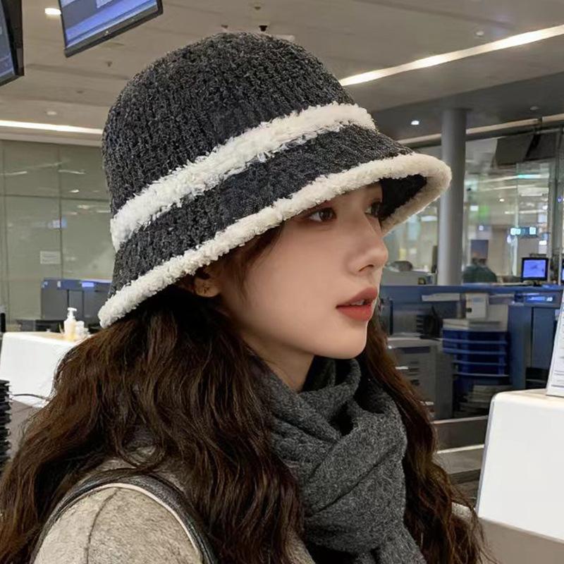 Versatile basin hat Korean face small bucket hat plain striped knitted bucket hat tide