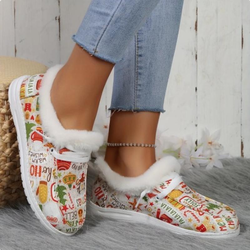 2024 новые женские туфли из парусины в рождественском стиле с принтом, зимние теплые мокасины с флисовой подкладкой, удобные плюшевые рождественские теплые туфли из парусины