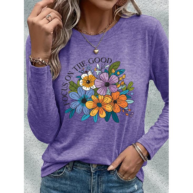 Women's casual sports long sleeve Floral print long sleeve T T-shirt with colorful daisy and wildflower patterns and English letters FOCUS ON THE